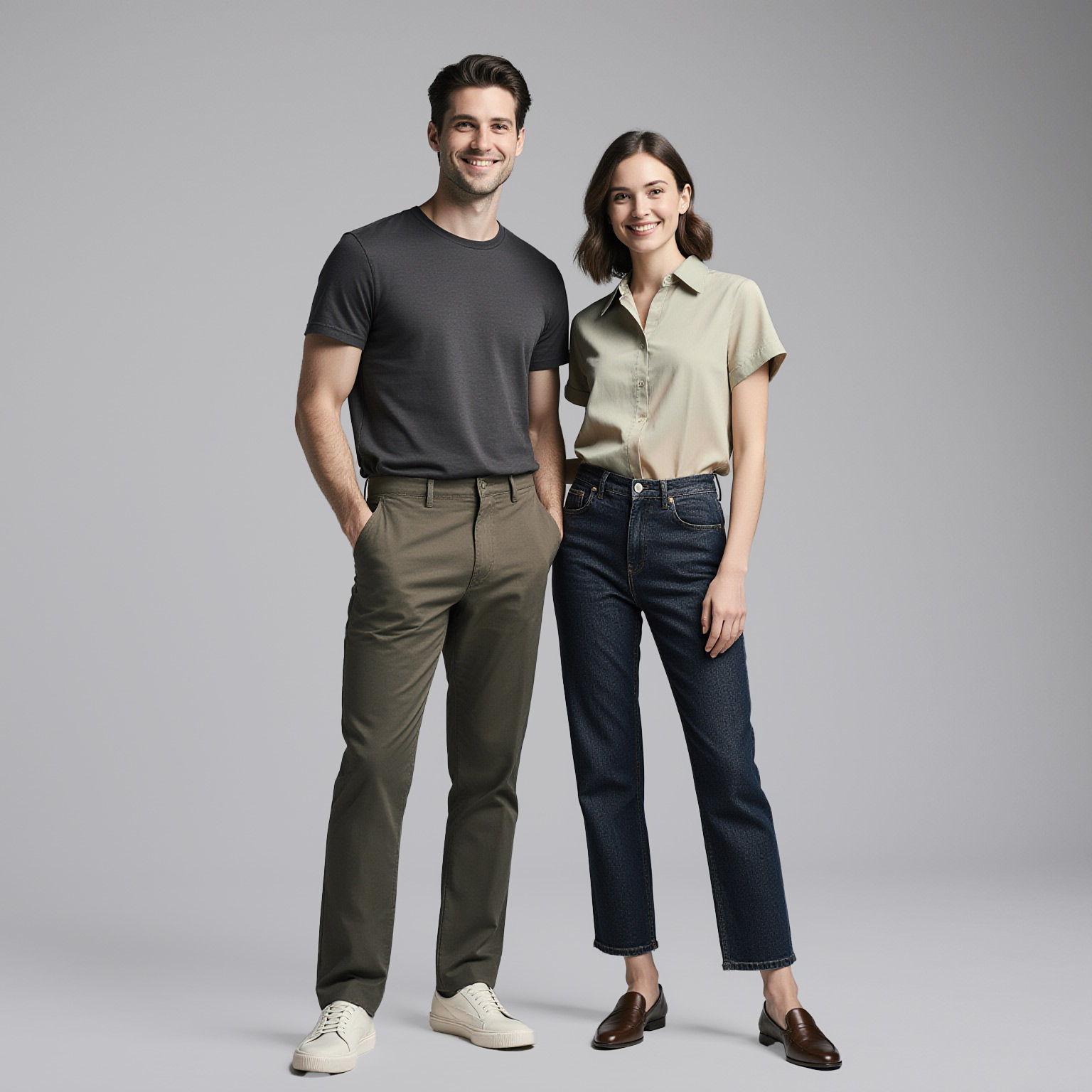 Well-dressed couple in casual professional attire styled for Sudsies dry cleaning services