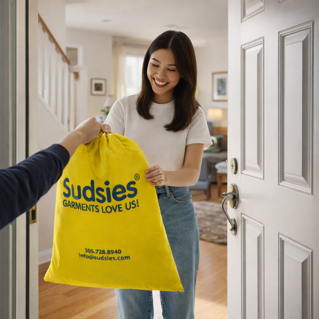 Woman receiving Sudsies laundry bag at her front door from delivery service