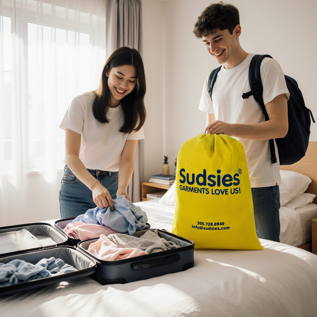 College students packing clothes into Sudsies laundry bag in dorm room
