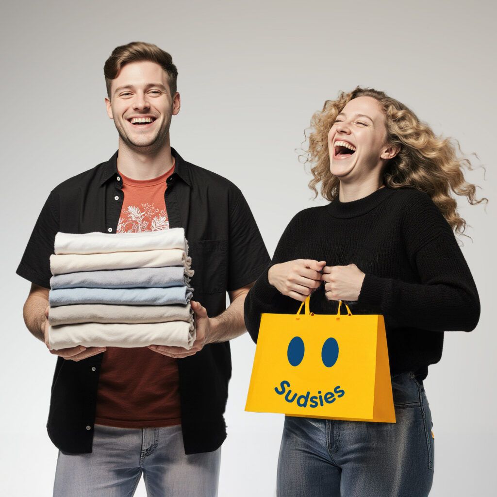 Happy Sudsies guests holding folded laundry and branded Sudsies bag